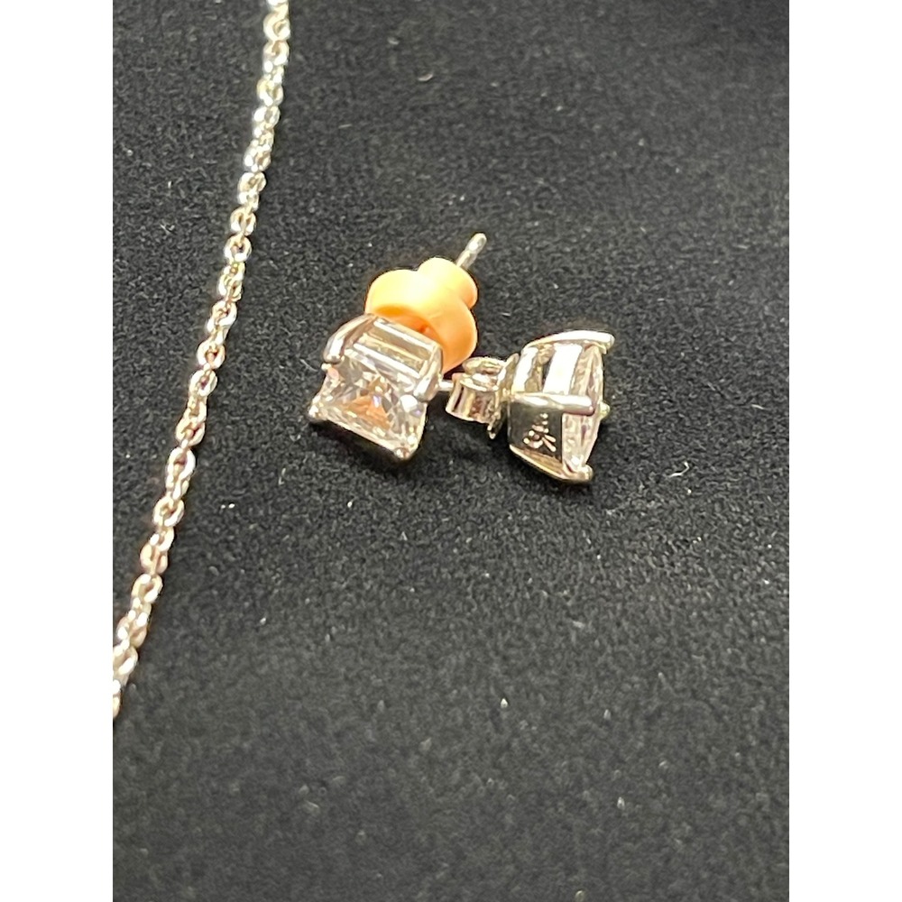 925 Sterling Silver Princess Cut CZ Solitaire Necklace and Stud Earring Set - Picture 3 of 7
